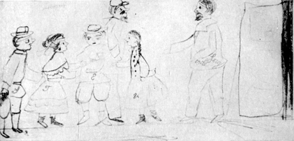 Л. Н. Толстой с тремя старшими детьми у С. Н. Толстого. Пирогово. 2 мая 1875 г.