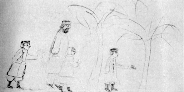 'Гуляют в лесу с отцом' - Сережа, Таня, Илья. Ясная Поляна. 30 марта 1875 г.